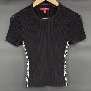 Guess Women's Ribbed Knit Logo Short Sleeve Top Size S Black White Preppy Sporty